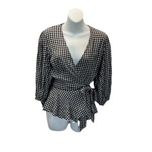 Ganni Blouse Women's 34 Black Gingham Wrap Top Surplice Shirt Puff Sleeve